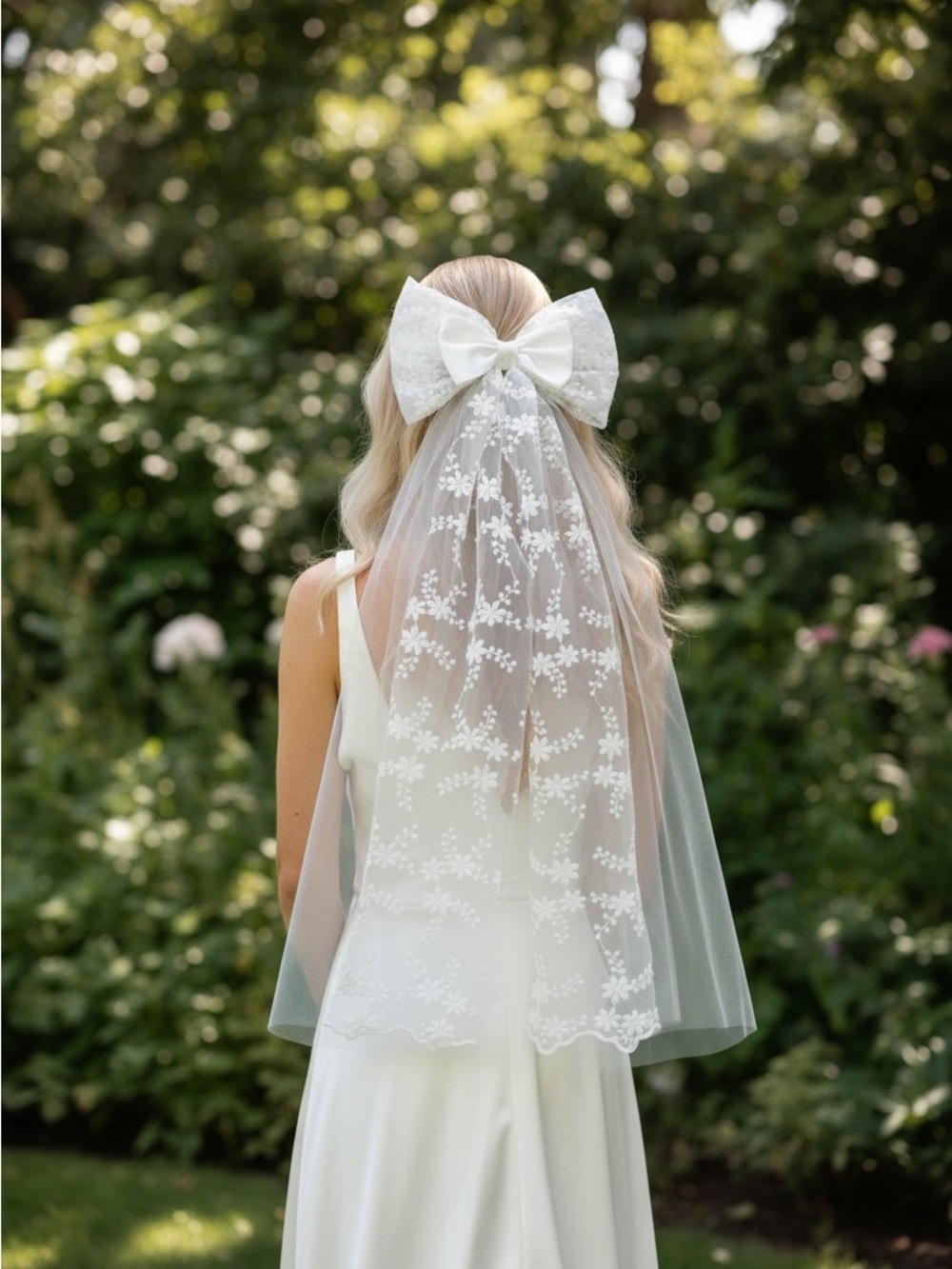 White Bridal Bow Veil, Lace Bow Wedding Veil, Embroidered Floral Veil Bow